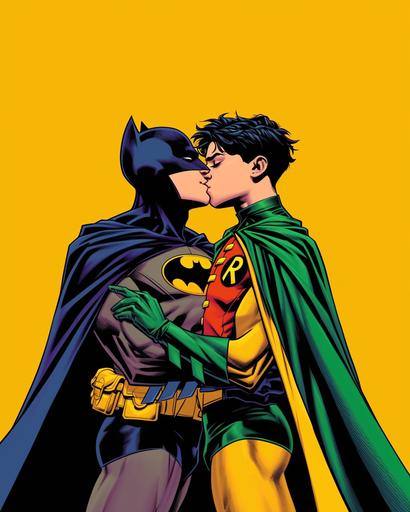 Feature a scene that blends iconic duos such as Batman and Robin, and other characters, engaging in expressive moments. The artwork should employ a bold and vibrant color palette, integrating dark yellow, light emerald, green, and employing styles reminiscent of queer academia, pop art, and the new fauves. Highlight detailed costumes and dignified poses, with a focus on distinctive noses and uniformly staged images to create a sense of harmony and composition. The aesthetic should draw inspiration from artists like Jay St Johnson, Brian K. Vaughan, Ed Brubaker, Ben Wooten, and Patrick Brown, emphasizing romantic illustrations, dynamic color contrasts, and happenings. Ensure the depiction is respectful and aligns with the themes of bright and bold colors, incorporating the sensibilities of romantic pop art and dynamic storytelling in the style of the first version of the characters, all within an aspect ratio of 103:128 --sref  --style raw --ar 103:128 --niji 6