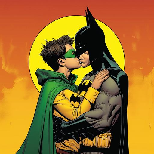 Feature a scene that blends iconic duos such as Batman and Robin, and other characters, engaging in expressive moments. The artwork should employ a bold and vibrant color palette, integrating dark yellow, light emerald, green, and employing styles reminiscent of queer academia, pop art, and the new fauves. Highlight detailed costumes and dignified poses, with a focus on distinctive noses and uniformly staged images to create a sense of harmony and composition. The aesthetic should draw inspiration from artists like Jay St Johnson, Brian K. Vaughan, Ed Brubaker, Ben Wooten, and Patrick Brown, emphasizing romantic illustrations, dynamic color contrasts, and happenings. Ensure the depiction is respectful and aligns with the themes of bright and bold colors, incorporating the sensibilities of romantic pop art and dynamic storytelling in the style of the first version of the characters, all within an aspect ratio of 103:128 --sref  --v 6.0