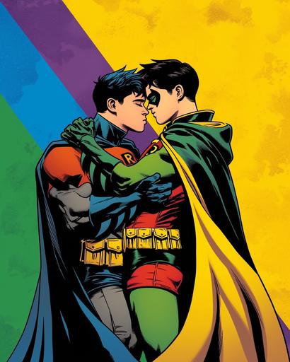 Feature a scene that blends iconic duos such as Batman and Robin, and other characters, engaging in expressive moments. The artwork should employ a bold and vibrant color palette, integrating dark yellow, light emerald, green, and employing styles reminiscent of queer academia, pop art, and the new fauves. Highlight detailed costumes and dignified poses, with a focus on distinctive noses and uniformly staged images to create a sense of harmony and composition. The aesthetic should draw inspiration from artists like Jay St Johnson, Brian K. Vaughan, Ed Brubaker, Ben Wooten, and Patrick Brown, emphasizing romantic illustrations, dynamic color contrasts, and happenings. Ensure the depiction is respectful and aligns with the themes of bright and bold colors, incorporating the sensibilities of romantic pop art and dynamic storytelling in the style of the first version of the characters, all within an aspect ratio of 103:128 --sref  --style raw --ar 103:128 --niji 6