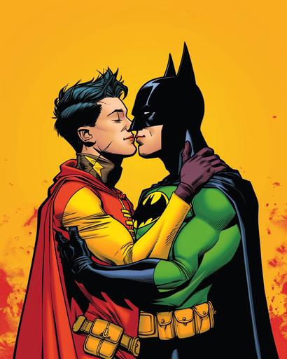 Feature a scene that blends iconic duos such as Batman and Robin, and other characters, engaging in expressive moments. The artwork should employ a bold and vibrant color palette, integrating dark yellow, light emerald, green, and employing styles reminiscent of queer academia, pop art, and the new fauves. Highlight detailed costumes and dignified poses, with a focus on distinctive noses and uniformly staged images to create a sense of harmony and composition. The aesthetic should draw inspiration from artists like Jay St Johnson, Brian K. Vaughan, Ed Brubaker, Ben Wooten, and Patrick Brown, emphasizing romantic illustrations, dynamic color contrasts, and happenings. Ensure the depiction is respectful and aligns with the themes of bright and bold colors, incorporating the sensibilities of romantic pop art and dynamic storytelling in the style of the first version of the characters, all within an aspect ratio of 103:128 --sref  --style raw --ar 103:128 --v 6.0