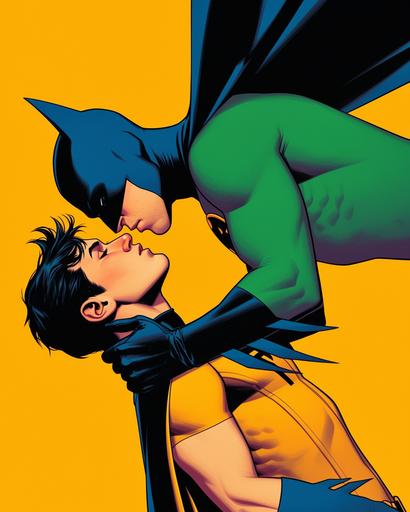 Feature a scene that blends iconic duos such as Batman and Robin, and other characters, engaging in expressive moments. The artwork should employ a bold and vibrant color palette, integrating dark yellow, light emerald, green, and employing styles reminiscent of queer academia, pop art, and the new fauves. Highlight detailed costumes and dignified poses, with a focus on distinctive noses and uniformly staged images to create a sense of harmony and composition. The aesthetic should draw inspiration from artists like Jay St Johnson, Brian K. Vaughan, Ed Brubaker, Ben Wooten, and Patrick Brown, emphasizing romantic illustrations, dynamic color contrasts, and happenings. Ensure the depiction is respectful and aligns with the themes of bright and bold colors, incorporating the sensibilities of romantic pop art and dynamic storytelling in the style of the first version of the characters, all within an aspect ratio of 103:128 --sref  --ar 103:128 --niji 6