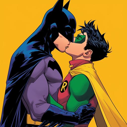 Feature a scene that blends iconic duos such as Batman and Robin, and other characters, engaging in expressive moments. The artwork should employ a bold and vibrant color palette, integrating dark yellow, light emerald, green, and employing styles reminiscent of queer academia, pop art, and the new fauves. Highlight detailed costumes and dignified poses, with a focus on distinctive noses and uniformly staged images to create a sense of harmony and composition. The aesthetic should draw inspiration from artists like Jay St Johnson, Brian K. Vaughan, Ed Brubaker, Ben Wooten, and Patrick Brown, emphasizing romantic illustrations, dynamic color contrasts, and happenings. Ensure the depiction is respectful and aligns with the themes of bright and bold colors, incorporating the sensibilities of romantic pop art and dynamic storytelling in the style of the first version of the characters, all within an aspect ratio of 103:128 --sref  --niji 6