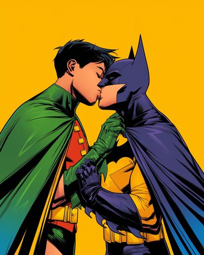 Feature a scene that blends iconic duos such as Batman and Robin, and other characters, engaging in expressive moments. The artwork should employ a bold and vibrant color palette, integrating dark yellow, light emerald, green, and employing styles reminiscent of queer academia, pop art, and the new fauves. Highlight detailed costumes and dignified poses, with a focus on distinctive noses and uniformly staged images to create a sense of harmony and composition. The aesthetic should draw inspiration from artists like Jay St Johnson, Brian K. Vaughan, Ed Brubaker, Ben Wooten, and Patrick Brown, emphasizing romantic illustrations, dynamic color contrasts, and happenings. Ensure the depiction is respectful and aligns with the themes of bright and bold colors, incorporating the sensibilities of romantic pop art and dynamic storytelling in the style of the first version of the characters, all within an aspect ratio of 103:128 --sref  --ar 103:128 --niji 6