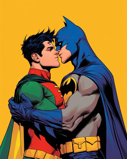 Feature a scene that blends iconic duos such as Batman and Robin, and other characters, engaging in expressive moments. The artwork should employ a bold and vibrant color palette, integrating dark yellow, light emerald, green, and employing styles reminiscent of queer academia, pop art, and the new fauves. Highlight detailed costumes and dignified poses, with a focus on distinctive noses and uniformly staged images to create a sense of harmony and composition. The aesthetic should draw inspiration from artists like Jay St Johnson, Brian K. Vaughan, Ed Brubaker, Ben Wooten, and Patrick Brown, emphasizing romantic illustrations, dynamic color contrasts, and happenings. Ensure the depiction is respectful and aligns with the themes of bright and bold colors, incorporating the sensibilities of romantic pop art and dynamic storytelling in the style of the first version of the characters, all within an aspect ratio of 103:128 --sref  --ar 103:128 --niji 6