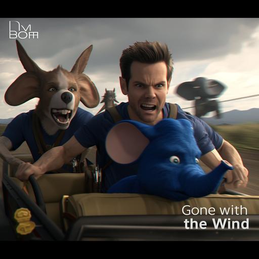 Feature a scene with a man in a vehicle, accompanied by a blue dog in the foreground, and including elements inspired by the aesthetics and styles of Rob Liefeld, Daniel Jaems, and Patrick McHale. The scene should be rendered in 32k UHD, highlighting emotive and playful facial expressions within a fawncore setting. Incorporate elements of goblin academia and the Blue Rider movement, emphasizing lively facial expressions, celebrity and pop culture references, shiny eyes, and a sculpted look, all enhanced with RTX technology. Introduce a character inspired by Johnny Depp, portrayed as a mouse in a dynamic car scene amidst flying elephants, colored in dark teal and dark blue, featuring strong facial expressions, wavy elements, and a candid atmosphere, drawing inspiration from Willard Metcalf. Additionally, reference a review of 