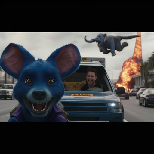 Feature a scene with a man in a vehicle, accompanied by a blue dog in the foreground, and including elements inspired by the aesthetics and styles of Rob Liefeld, Daniel Jaems, and Patrick McHale. The scene should be rendered in 32k UHD, highlighting emotive and playful facial expressions within a fawncore setting. Incorporate elements of goblin academia and the Blue Rider movement, emphasizing lively facial expressions, celebrity and pop culture references, shiny eyes, and a sculpted look, all enhanced with RTX technology. Introduce a character inspired by Johnny Depp, portrayed as a mouse in a dynamic car scene amidst flying elephants, colored in dark teal and dark blue, featuring strong facial expressions, wavy elements, and a candid atmosphere, drawing inspiration from Willard Metcalf. Additionally, reference a review of 