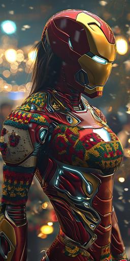 Fem - ironman wearing a tight fitting ugly sweater bodysuit --ar 4:8 --v 6.0