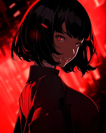 Female Anime character with short black hair, dynamic lighting, cinematic colors, wide angle lens, retro futurism, digital illustration, dynamic pose, lighting effects, --niji 5 --style original --ar 4:5