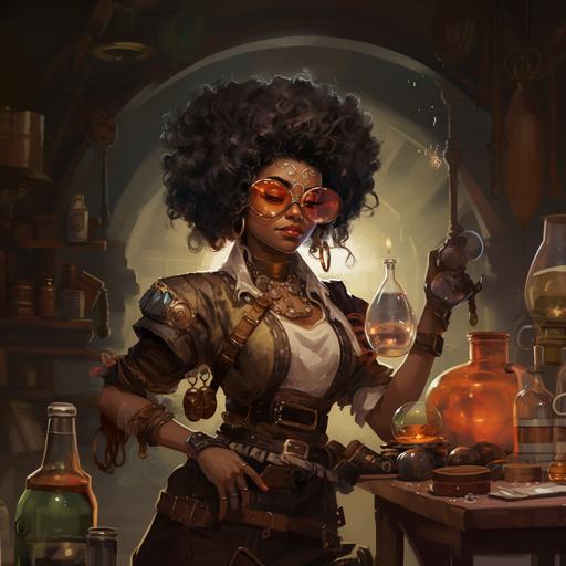 Female Black skinned gnome alchemist, big afro, goggles on her head, bottles and vials on her belt, fantasy, dungeons and dragons, steampunk, character art