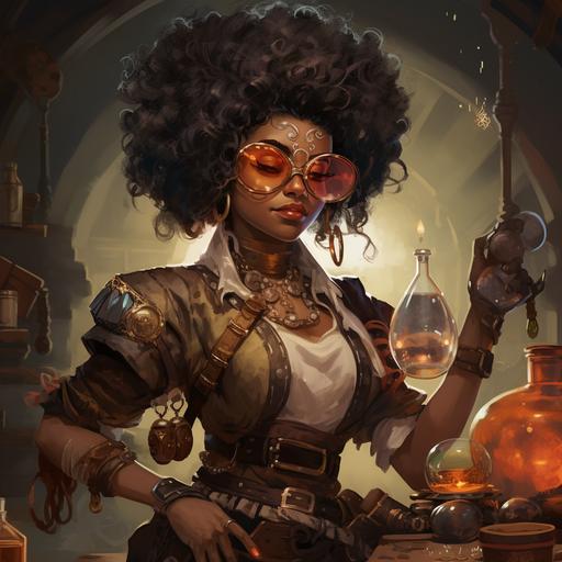 Female Black skinned gnome alchemist, big afro, goggles on her head, bottles and vials on her belt, fantasy, dungeons and dragons, steampunk, character art