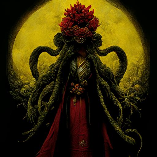 Female Cthulhu wearing yellow robe holding red chrysanthemum, ultra detailed, dark atmosphere