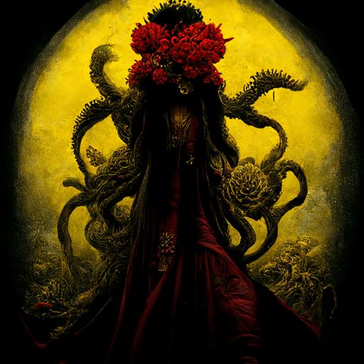 Female Cthulhu wearing yellow robe holding red chrysanthemum, ultra detailed, dark atmosphere