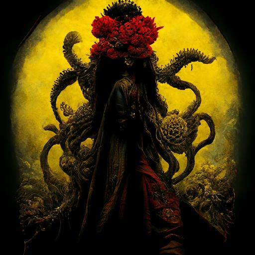 Female Cthulhu wearing yellow robe holding red chrysanthemum, ultra detailed, dark atmosphere