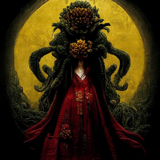 Female Cthulhu wearing yellow robe holding red chrysanthemum, ultra detailed, dark atmosphere