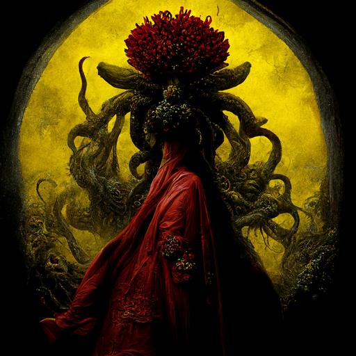 Female Cthulhu wearing yellow robe holding red chrysanthemum, ultra detailed, dark atmosphere