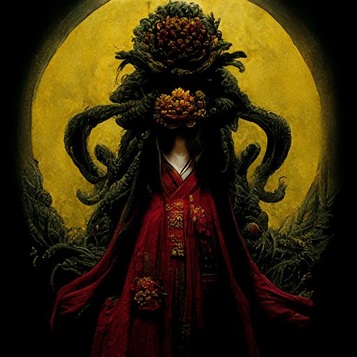 Female Cthulhu wearing yellow robe holding red chrysanthemum, ultra detailed, dark atmosphere