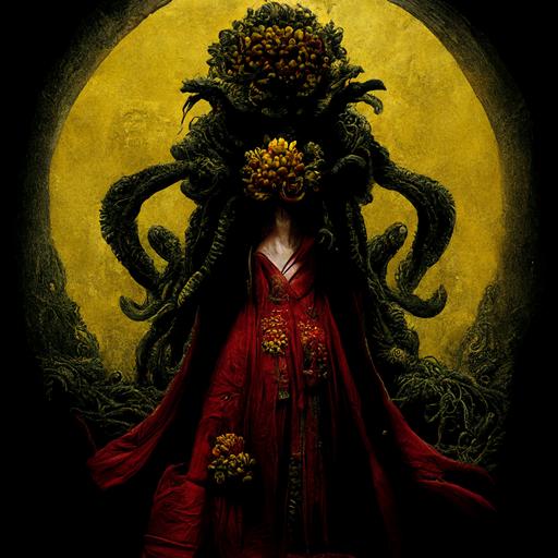 Female Cthulhu wearing yellow robe holding red chrysanthemum, ultra detailed, dark atmosphere