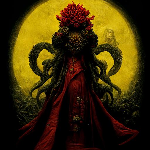 Female Cthulhu wearing yellow robe holding red chrysanthemum, ultra detailed, dark atmosphere