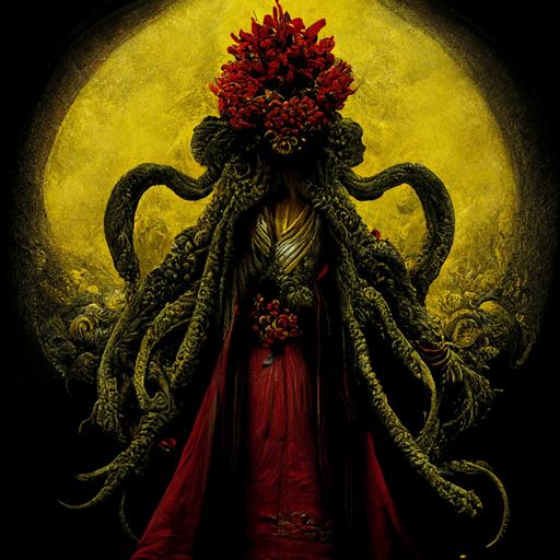 Female Cthulhu wearing yellow robe holding red chrysanthemum, ultra detailed, dark atmosphere