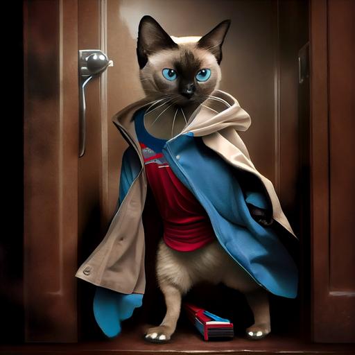 Female Siamese cat in a super hero outfit::10, karate action pose, inside a cluttered coat closet::10 , diffused lighting, ultra-detailed, Disney style, v4 --upbeta