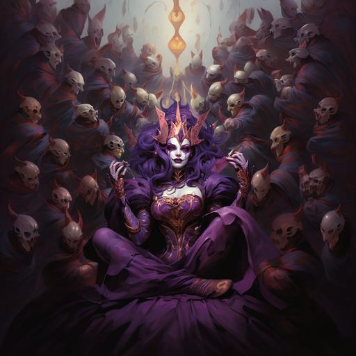 Female Sorceress, Masterpiece, Harlequin mask, Purple robes, Surrounded by Purple energy, beautiful, High fantasy, Jester, Joker, Holding masks