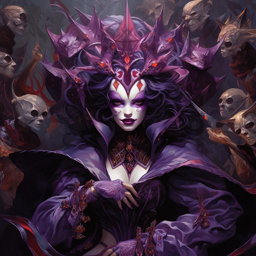 Female Sorceress, Masterpiece, Harlequin mask, Purple robes, Surrounded by Purple energy, beautiful, High fantasy, Jester, Joker, Holding masks