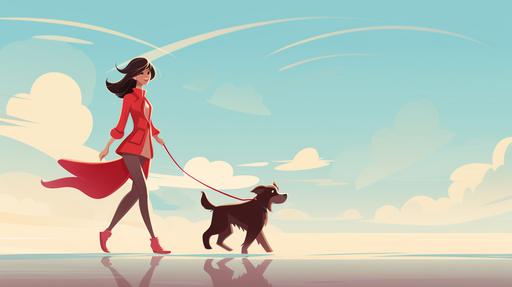 Female character walking her dog, cartoon style --ar 16:9 --v 5.2