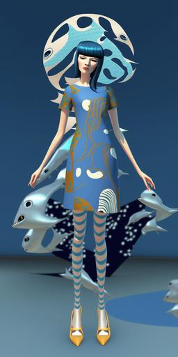 Female character wearing a blue dress with blue pattern of whale drawing, dolphin drawing, seal drawing, penguin drawing, seahorse drawing, penguin drawing, designed by Tsumori Chisato with dreamy sky blue hair style, fashion model walking, golden floral high heel shoes, doll style by koayan, in the style of vray tracing, space age, rendered in unreal engine 5, full body, realistic forms, white background, foreshortening techniques, roni horn, naoko takeuchi, elongated forms, shiny/ glossy, futuristic sci- fi aesthetic, shige's visual aesthetic style, anime aesthetic, neo - geo minimalism, back button focus, imitated material, bunnycore --ar 1:2