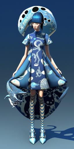 Female character wearing a blue dress with blue pattern of whale drawing, dolphin drawing, seal drawing, penguin drawing, seahorse drawing, penguin drawing, designed by Tsumori Chisato with dreamy sky blue hair style, fashion model walking, golden floral high heel shoes, doll style by koayan, in the style of vray tracing, space age, rendered in unreal engine 5, full body, realistic forms, white background, foreshortening techniques, roni horn, naoko takeuchi, elongated forms, shiny/ glossy, futuristic sci- fi aesthetic, shige's visual aesthetic style, anime aesthetic, neo - geo minimalism, back button focus, imitated material, bunnycore --ar 1:2