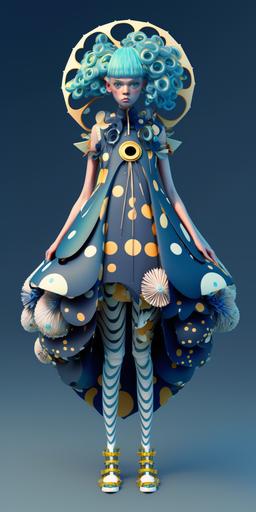 Female character wearing ocean creature blue pattern dress designed by Tsumori Chisato with dreamy sky blue hair style, fashion model walking, golden floral high heel shoes, doll style by koayan, in the style of vray tracing, space age, rendered in unreal engine 5, full body, realistic forms, white background,foreshortening techniques, roni horn, naoko takeuchi, elongated forms, shiny/ glossy, futuristic sci- fi aesthetic, shige's visual aesthetic style, anime aesthetic, neo - geo minimalism, back button focus, imitated material, bunnycore --ar 1:2