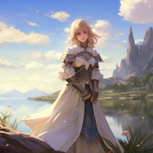 Female cleric, blonde hair, soft anime style, cute, adorable, female cleric standing by the edge of a lake