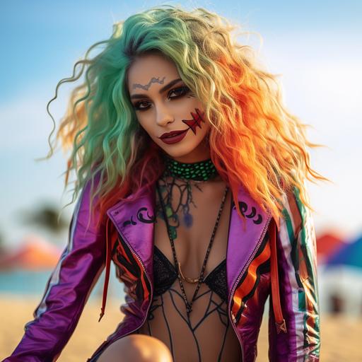 Female cosplay joker in beach, la ciotat beach, neon , miami style