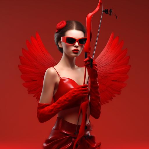 Female cupid in dark glasses shooting with bow on arrows, wears red dress with wings behind her back looks mysteriously somewhere isolated on red background and black hearts --q 0.5 --v 5.0