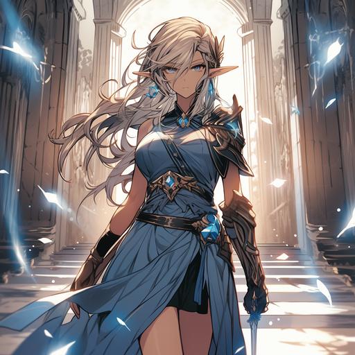 Female elf, battlemage with a wand, a dark blue sleeveless crop top and dark brown shorts with a silk veil behind, fair skin, very light blue eyes, short hair, a hall full of nobles from the aristocracy in the background, full body, big chest, pose of action, epic, granblue fantasy style --s 750 --niji 5