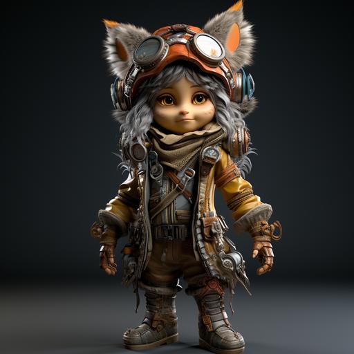 Female gnome in 3D, with a short stature, European-colored skin, Gelfling facial features, wearing a steampunk-inspired outfit with a flight helmet, long ears, large doll-like eyes, and thick eyebrows. The design is detailed, magical, and inspired by Warcraft, serving as conceptual art for Pathfinder and Forgotten Realms. --s 750