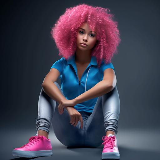 Female, long bubblegum pink Afro hair, tan skin, Bored facial expressions, blue eyes, sitting down looking bored, Realistic, hyper realistic, dynamic pose, Full body portrait.