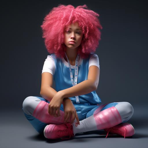 Female, long bubblegum pink Afro hair, tan skin, Bored facial expressions, blue eyes, sitting down looking bored, Realistic, hyper realistic, dynamic pose, Full body portrait.
