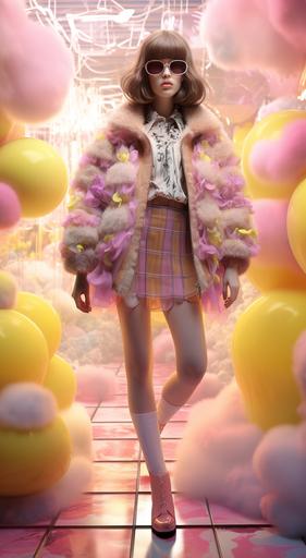 Female model with brown hair, dream stage,20-year-old,minimal look,furturistic style,fluffy transparent colorful jacket with daisy pattern on it, dark tight cashmere sweater, exaggerated sunglasses, short skirt with lace embroidery, calf socks, thick soled Mary Jane shoes, pink bag, 3d art, C4D, very hight fashion,very high definition 4K image --ar 6:11