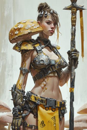 Female officer of the postapocalyptic mushroom underground empire in chalcedony uniform. The woman wears a chalcedony plate armor top and a mushroom skirt. There is mushroom growth on her skin on her shoulders and muscular arms. She is holding a spear with a yellow and black banner --ar 2:3 --v 6.0