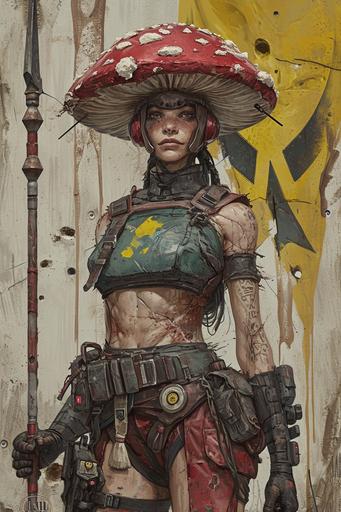 Female officer of the postapocalyptic mushroom underground empire in chalcedony uniform. The woman wears a chalcedony plate armor top and a mushroom skirt. There is mushroom growth on her skin on her shoulders and muscular arms. She is holding a spear with a yellow and black banner --ar 2:3 --v 6.0