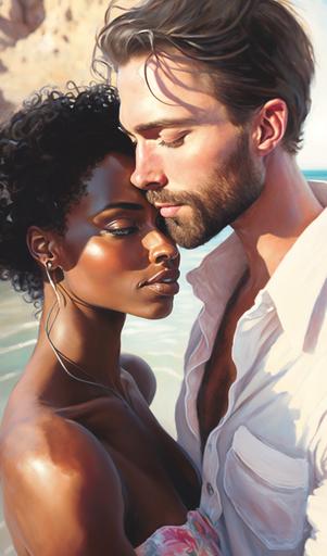 Feminine poised thin, skinny beautiful attractive younger, early twenties black Woman posing romantically with a handsome bearded white european spanish man on the beach, global illumination, appearing sweet, unreal engine, hugging close together, eyes closed, wading in the gorgeous waters of cabo san lucas, romance, sensu al, oil on canvas, Airy, pin - up, very detailed, realistic, figurative painter, fineart, dreamy soft lighting, from a distance, beautiful painting by Daniel F Gerhartz --ar 3:5