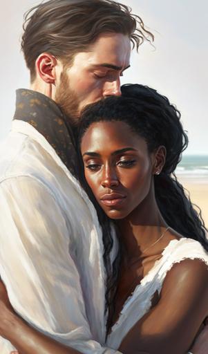 Feminine poised thin, skinny beautiful attractive younger, early twenties black Woman posing romantically with a handsome bearded white european spanish man on the beach, global illumination, appearing sweet, unreal engine, hugging close together, eyes closed, the ocean horizon visible in the background, vacation, romance, sensu al, oil on canvas --ar 3:5