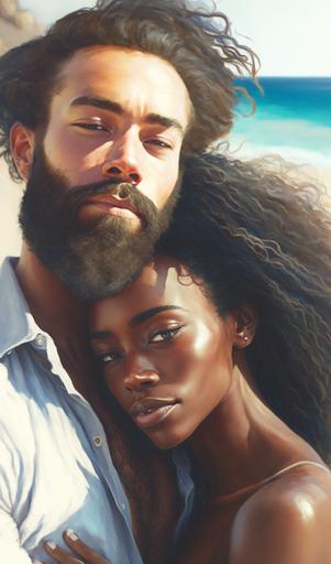 Feminine poised thin, skinny beautiful attractive younger, early twenties black Woman posing romantically with a handsome bearded white european spanish man on the beach, global illumination, appearing sweet, unreal engine, hugging close together, eyes closed, the ocean horizon visible in the background, vacation, romance, sensu al, oil on canvas --ar 3:5