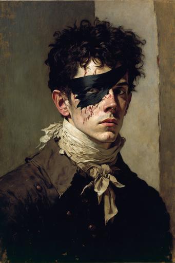 Symbolism, Fate is blind a bandage of torns covering your eyes, art by Andrew Newell Wyeth, art by Egon Schiele, art by John Singer Sargent, art by James Abbott McNeill Whistler, oil on canvas, acrylic accents, muddy colors, perfect brushstrokes, broken surface, --ar 2:3 --v 4