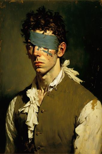 Symbolism, Fate is blind a bandage of torns covering your eyes, art by Andrew Newell Wyeth, art by Egon Schiele, art by John Singer Sargent, art by James Abbott McNeill Whistler, oil on canvas, acrylic accents, muddy colors, perfect brushstrokes, broken surface, --ar 2:3 --v 4