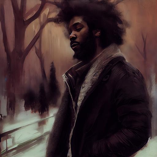 art by Jeremy Mann, black male, mid 30s, black curly hair, jazz singer, bearded, warm color scheme, winter acents, chalk white color ambience, ambient light, oil painting, hard brush strokes, illustration, --upbeta --test --creative