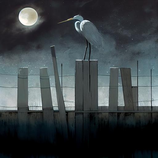 dadaism, symbolism without words, a giant silver heron sitting in a wooden fence, silver clouds, bright full moon, under a dark night sky, tiny silver dots in the sky, peaceful scene, serenity, art by Shaun Tan, art by Dave McKean, art by Ashley Wood, paint by Jeremy Mann, illustration, cold color scheme, warm color palette, chalk white color scheme, golden accents, tiny orange spots,small cyan accents, cracked surface, thick brushstroles, oil on canvas, dripping, glazed pastel accents, dry brushstrokes, --v 4 --upbeta --v 4