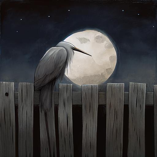 dadaism, symbolism without words, a giant silver heron sitting in a wooden fence, silver clouds, bright full moon, under a dark night sky, tiny silver dots in the sky, peaceful scene, serenity, art by Shaun Tan, art by Dave McKean, art by Ashley Wood, paint by Jeremy Mann, illustration, cold color scheme, warm color palette, chalk white color scheme, golden accents, tiny orange spots,small cyan accents, cracked surface, thick brushstroles, oil on canvas, dripping, glazed pastel accents, dry brushstrokes, --v 4 --upbeta --v 4