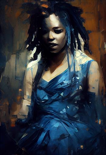 fragmented picture, broken surface, art by Jeremy Mann, oil paint, ambient light, blue and white chalk color scheme, blue accents, dark blue color scheme, abstract portrait of an african american singer with dreadlocks, wearing an elegant night red dress, --ar 14:20