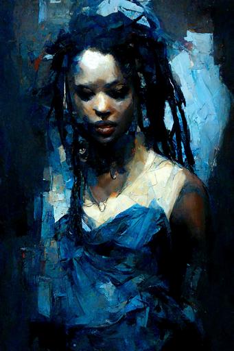 fragmented picture, broken surface, art by Jeremy Mann, oil paint, ambient light, blue and white chalk color scheme, blue accents, dark blue color scheme, abstract portrait of an african american singer with dreadlocks, wearing an elegant night red dress, --ar 14:20